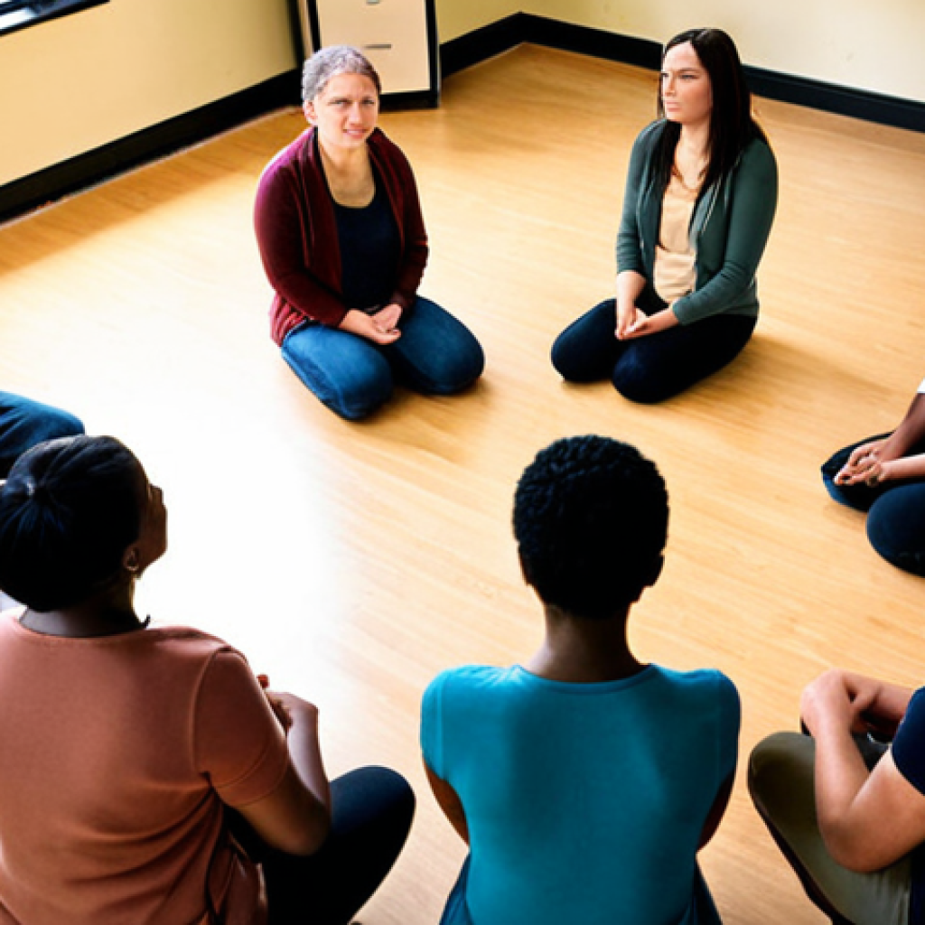 ** A diverse group of adult learners seated in a circle, engaged in respectful dialogue. Soft, warm lighting. Focus on empathetic facial expressions. Background subtly suggests a classroom or community center. Emphasis on inclusivity and shared understanding. Keywords: restorative justice, circle process, adult education, community, empathy, inclusivity.

**