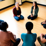 ** A diverse group of adult learners seated in a circle, engaged in respectful dialogue. Soft, warm lighting. Focus on empathetic facial expressions. Background subtly suggests a classroom or community center. Emphasis on inclusivity and shared understanding. Keywords: restorative justice, circle process, adult education, community, empathy, inclusivity.

**