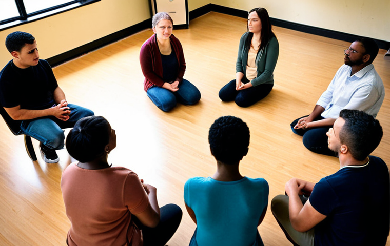 ** A diverse group of adult learners seated in a circle, engaged in respectful dialogue. Soft, warm lighting. Focus on empathetic facial expressions. Background subtly suggests a classroom or community center. Emphasis on inclusivity and shared understanding. Keywords: restorative justice, circle process, adult education, community, empathy, inclusivity.
**