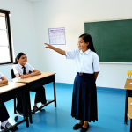 A diverse group of Malaysian secondary school students, aged 13-16, and a female teacher are seated in a bright, modern classroom, participating in a "circle process" for community building. The students are in clean, modest Malaysian school uniforms (e.g., white collared shirts and dark trousers/skirts, baju kurung), and the teacher is in modest professional attire. They are attentively listening to each other, fostering a sense of empathy and open communication. The room is tidy with educational posters on the walls. Perfect anatomy, correct proportions, natural pose, well-formed hands, proper finger count, natural body proportions, fully clothed, modest clothing, appropriate attire, professional dress, safe for work, appropriate content, family-friendly, professional photography, high quality.