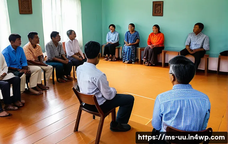 회복적 정의와 트라우마 회복의 연관성 - A deeply empathetic and focused restorative justice circle taking place in a brightly lit, comfortab...