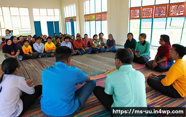 회복적 정의 실천의 글로벌 동향 분석 - A diverse Malaysian community gathered in a bright, open-air community center, engaged in a restorat...