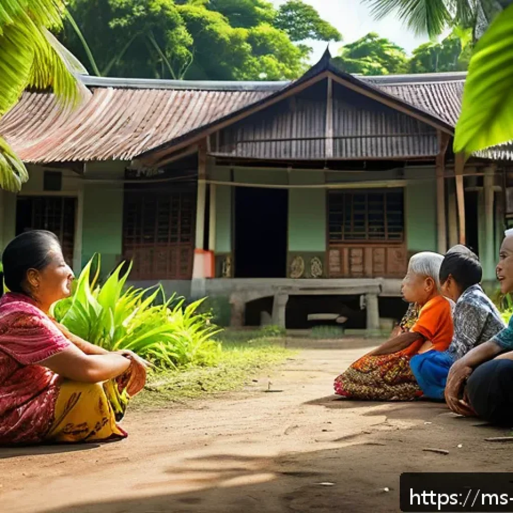 회복적 정의와 커뮤니티 구축의 중요성 - A vibrant community dialogue scene in a Malaysian village setting, showing diverse families sitting ...