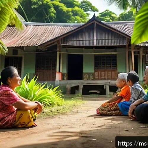 회복적 정의와 커뮤니티 구축의 중요성 - A vibrant community dialogue scene in a Malaysian village setting, showing diverse families sitting ...