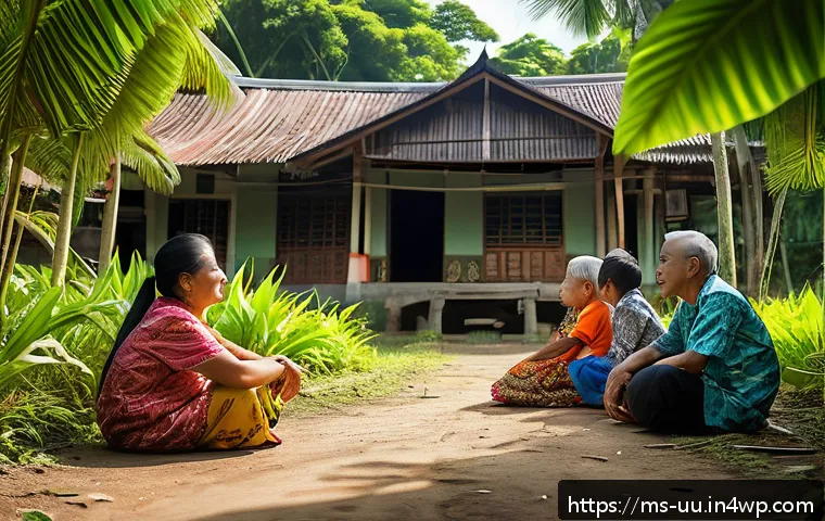 회복적 정의와 커뮤니티 구축의 중요성 - A vibrant community dialogue scene in a Malaysian village setting, showing diverse families sitting ...